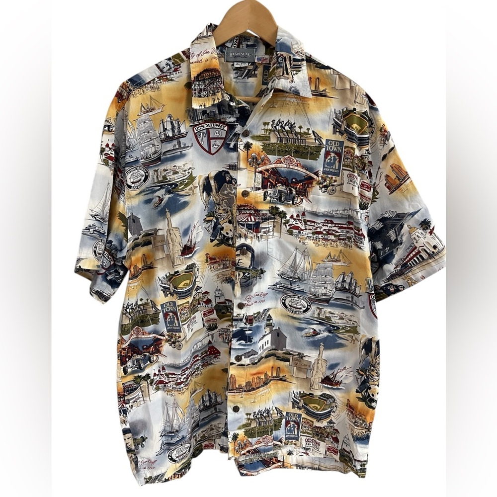 VTG HIGH SEAS TRADING San Diego Landmarks Button-Up Graphic XL Shirt USA Made